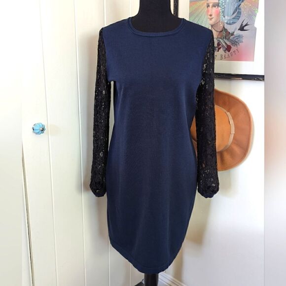 Diane Von Furstenberg Kivel Lace Silk Dress in Marine Blue Black, sz M EUC - Picture 3 of 14